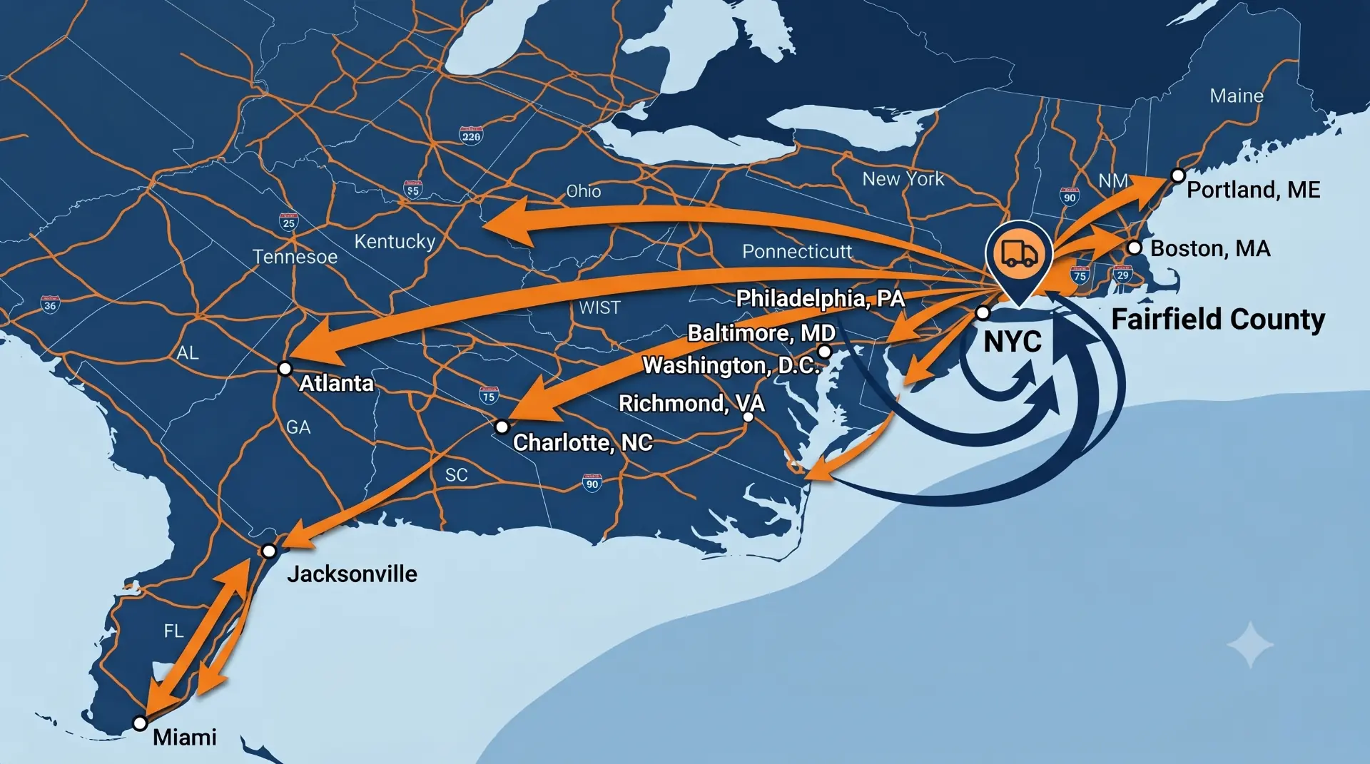 Map of the East Coast showing Fairfield County Movers routes from Fairfield County, CT to Boston, Portland, Philadelphia, Washington D.C., Charlotte, Atlanta, Jacksonville, and Miami, plus moves from New York City into Fairfield County