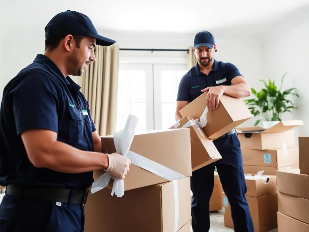 Fairfield County movers carefully wrapping and packing dishes into boxes in a Connecticut kitchen